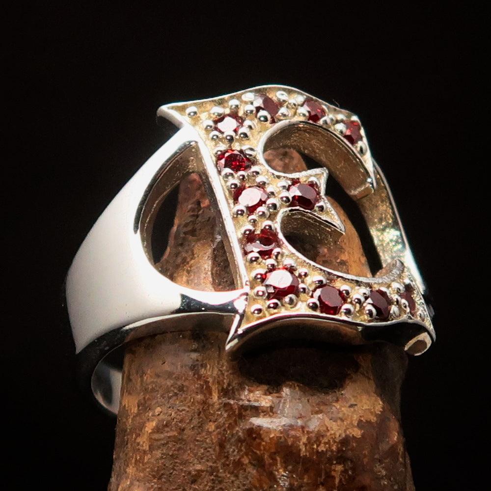Excellent crafted Initial Ring Bold Letter E - 12 red CZ - Sterling Silver - BikeRing4u