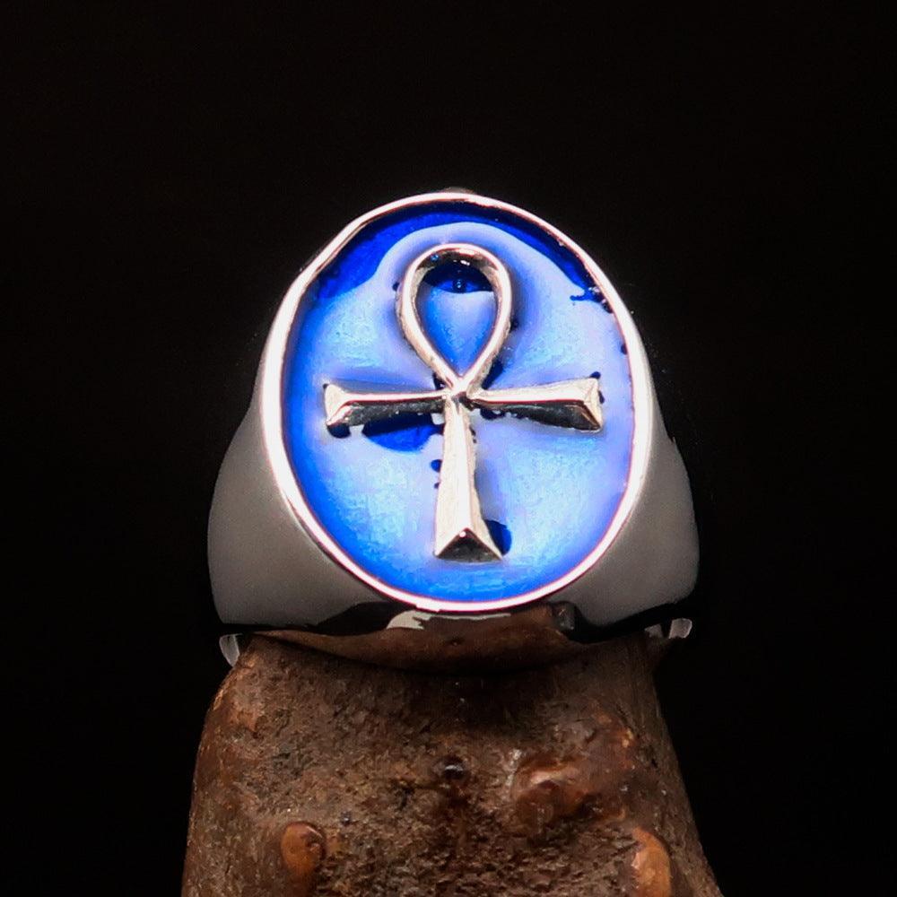 Blue oval shaped Egyptian Ankh Cross Men's Ring - Sterling Silver - BikeRing4u