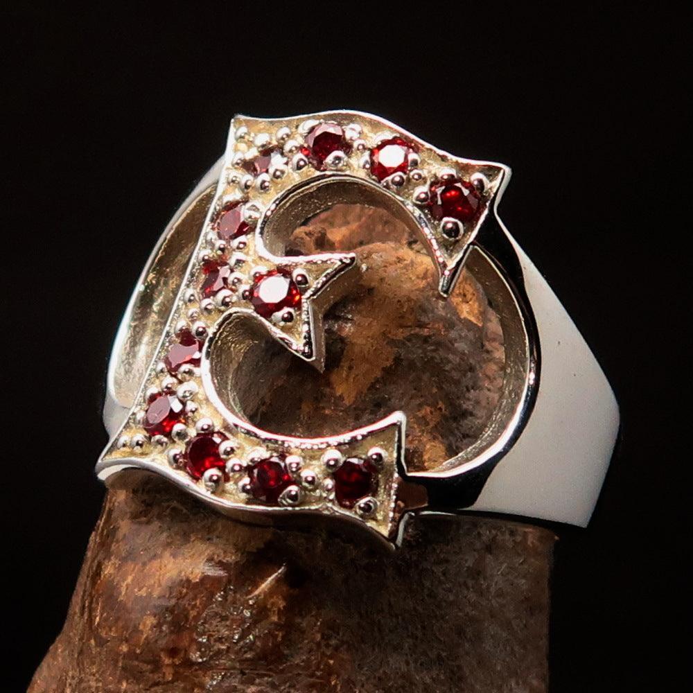 Excellent crafted Initial Ring Bold Letter E - 12 red CZ - Sterling Silver - BikeRing4u