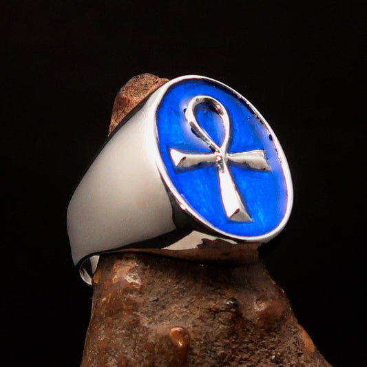 Blue oval shaped Egyptian Ankh Cross Men's Ring - Sterling Silver - BikeRing4u