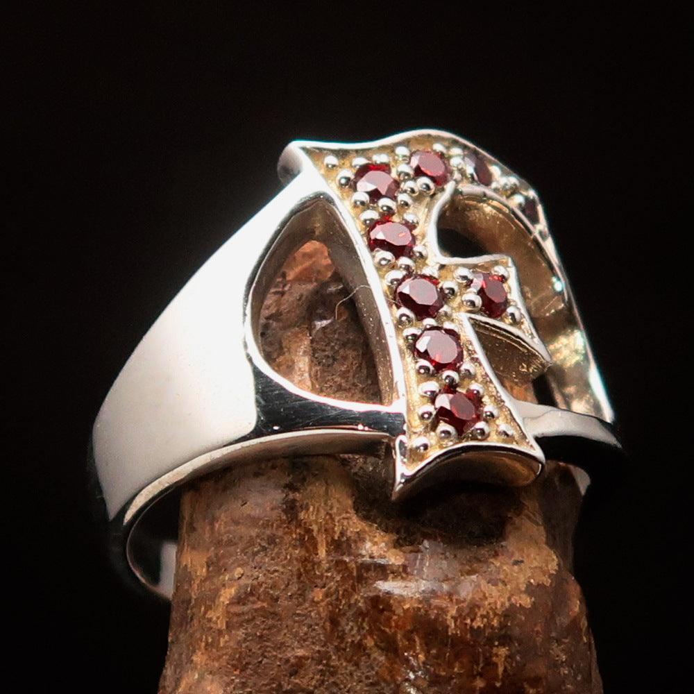 Excellent crafted Initial Ring Bold Letter F - 9 red CZ - Sterling Silver - BikeRing4u
