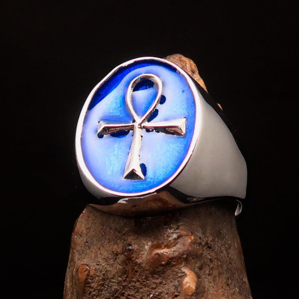 Blue oval shaped Egyptian Ankh Cross Men's Ring - Sterling Silver - BikeRing4u