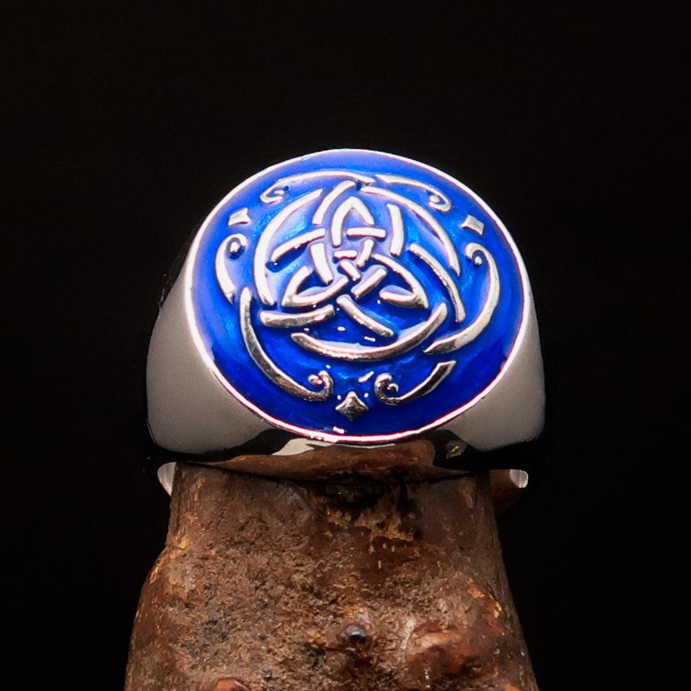 Excellent domed Men's Ring blue Celtic Triquetra Knot - Sterling Silver - BikeRing4u