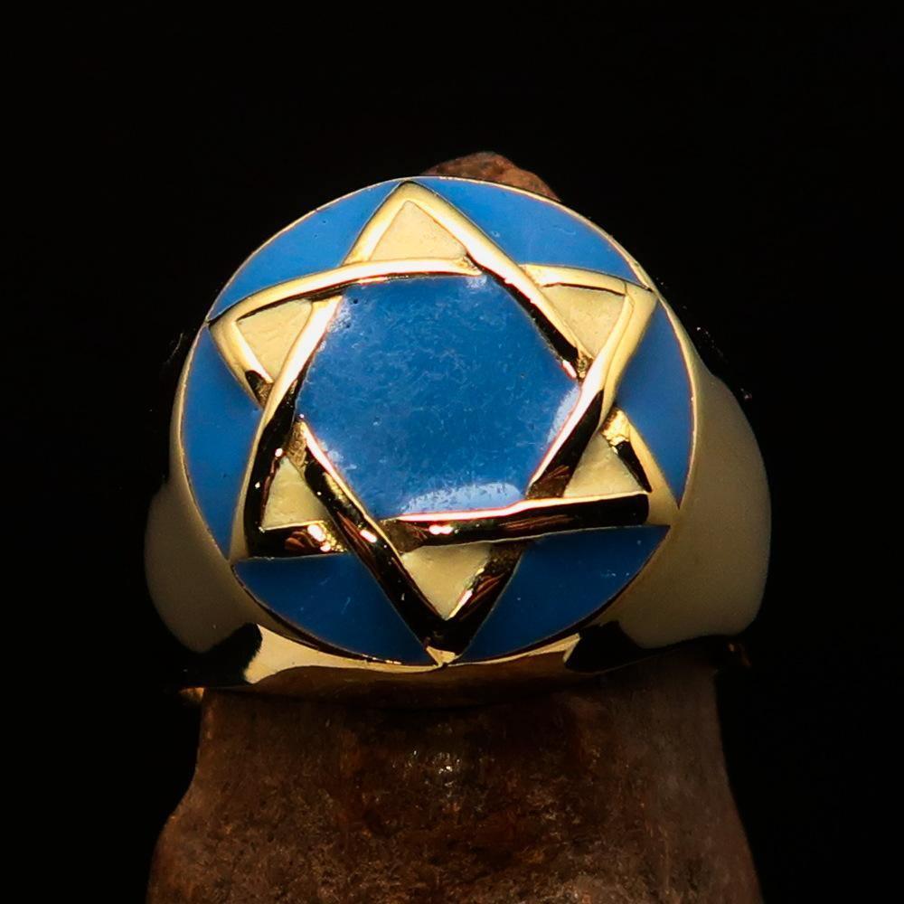 Nicely crafted Men's Hebrew Ring Blue and White Star of David - Solid Brass - BikeRing4u