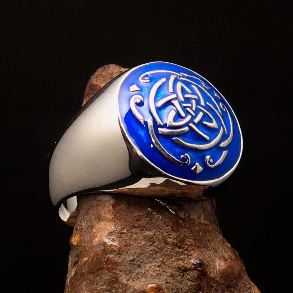 Excellent domed Men's Ring blue Celtic Triquetra Knot - Sterling Silver - BikeRing4u