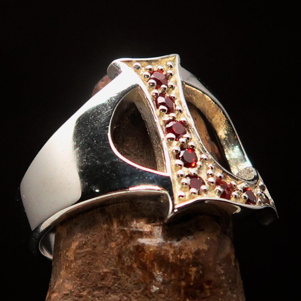 Excellent crafted Initial Ring Bold Letter L - 8 red CZ - Sterling Silver - BikeRing4u