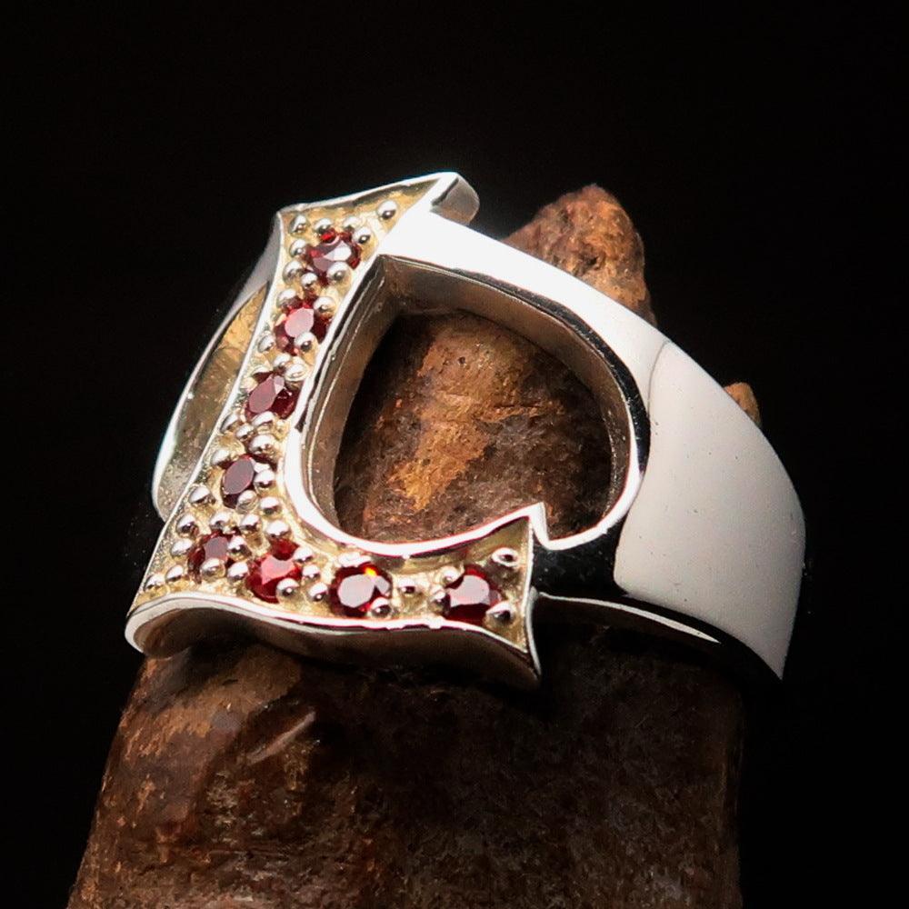 Excellent crafted Initial Ring Bold Letter L - 8 red CZ - Sterling Silver - BikeRing4u