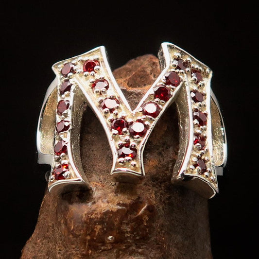 Excellent crafted Initial Ring Bold Letter M - 21 red CZ - Sterling Silver - BikeRing4u