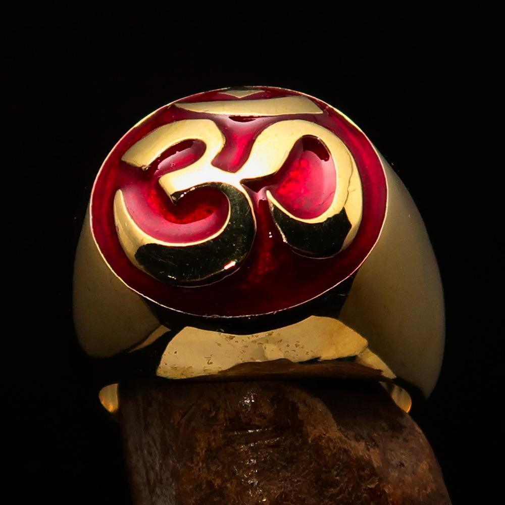 Nicely crafted domed Men's Buddhist Ring Red Aum Symbol - Solid Brass - BikeRing4u