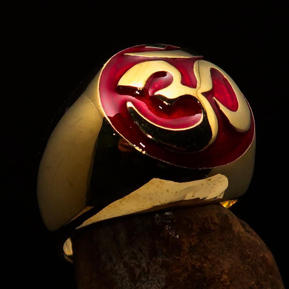 Nicely crafted domed Men's Buddhist Ring Red Aum Symbol - Solid Brass - BikeRing4u