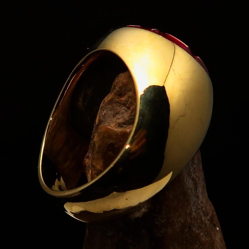 Nicely crafted domed Men's Buddhist Ring Red Aum Symbol - Solid Brass - BikeRing4u
