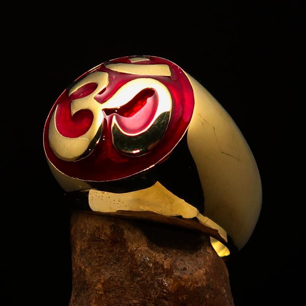 Nicely crafted domed Men's Buddhist Ring Red Aum Symbol - Solid Brass - BikeRing4u