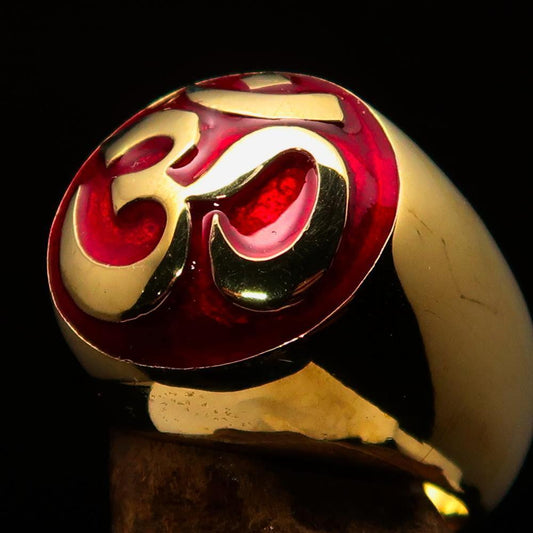 Nicely crafted domed Men's Buddhist Ring Red Aum Symbol - Solid Brass - BikeRing4u