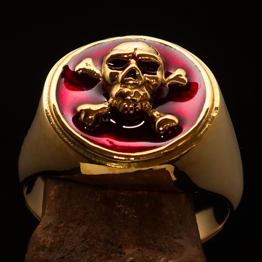 Nicely crafted Men's Pirate Ring Jolly Roger crossed Bones Skull Red - BikeRing4u