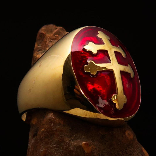 Excellent crafted oval domed Men's red Cross Lorraine Ring - solid Brass - BikeRing4u