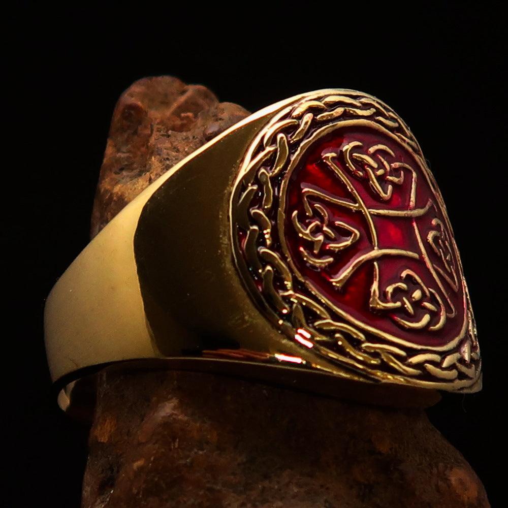 Excellent crafted ancient red Celtic Birgit's Cross Men's Pinky Ring - solid Brass - BikeRing4u
