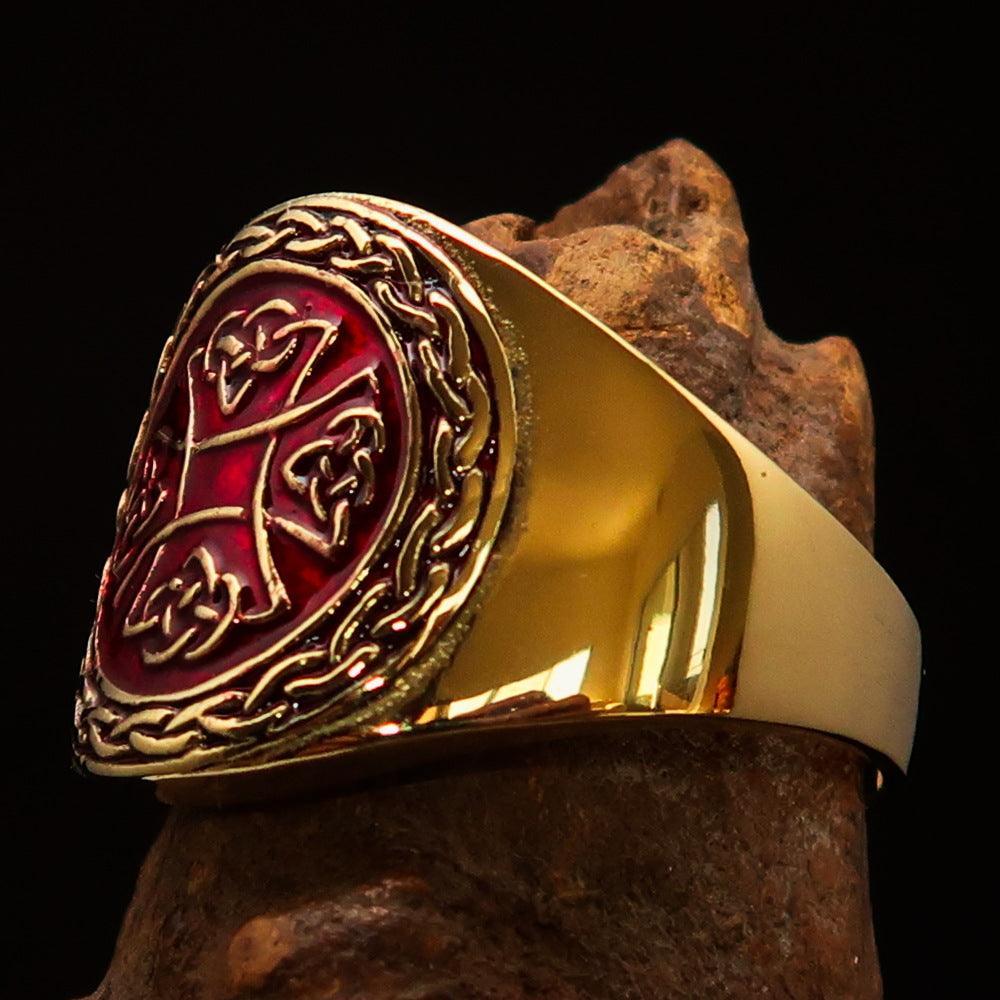 Excellent crafted ancient red Celtic Birgit's Cross Men's Pinky Ring - solid Brass - BikeRing4u