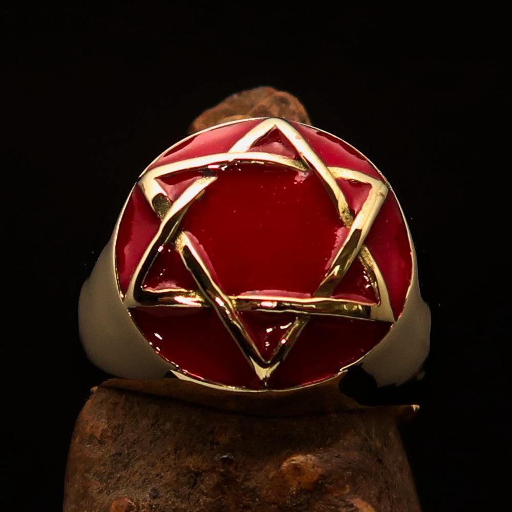 Nicely crafted Men's Hebrew Pinky Ring Red Star of David - Solid Brass - BikeRing4u
