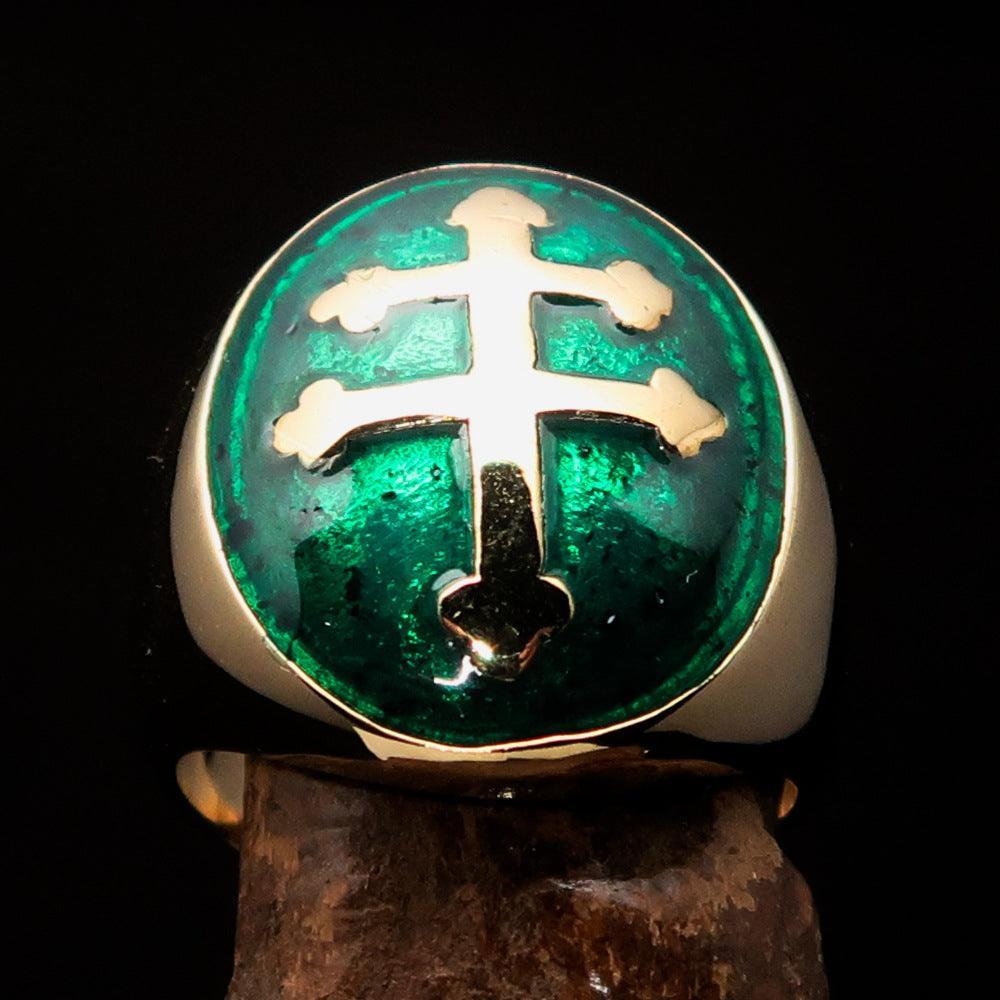Excellent crafted oval domed Men's green Cross Lorraine Ring - solid Brass - BikeRing4u