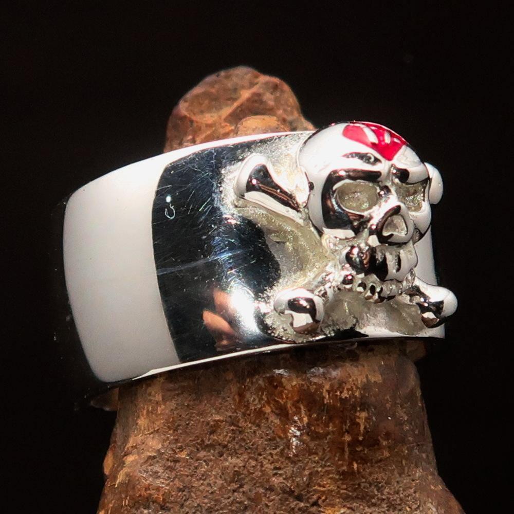 Excellent crafted Outlaw red 1% Jolly Roger Skull Band Ring - Sterling Silver - BikeRing4u