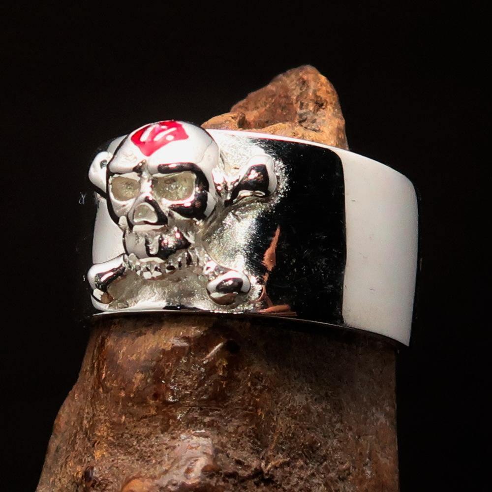 Excellent crafted Outlaw red 1% Jolly Roger Skull Band Ring - Sterling Silver - BikeRing4u
