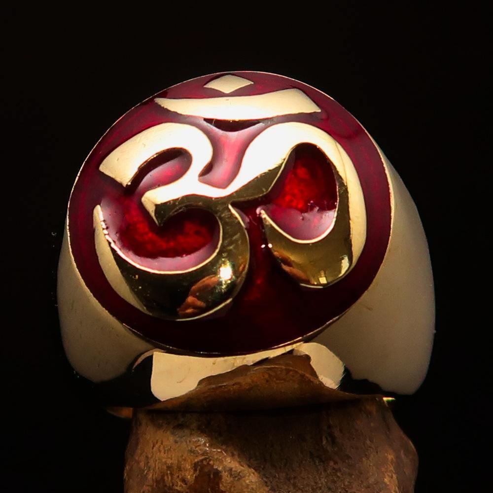 Nicely crafted domed Men's Buddhist Ring Red Aum Symbol - Solid Brass - BikeRing4u