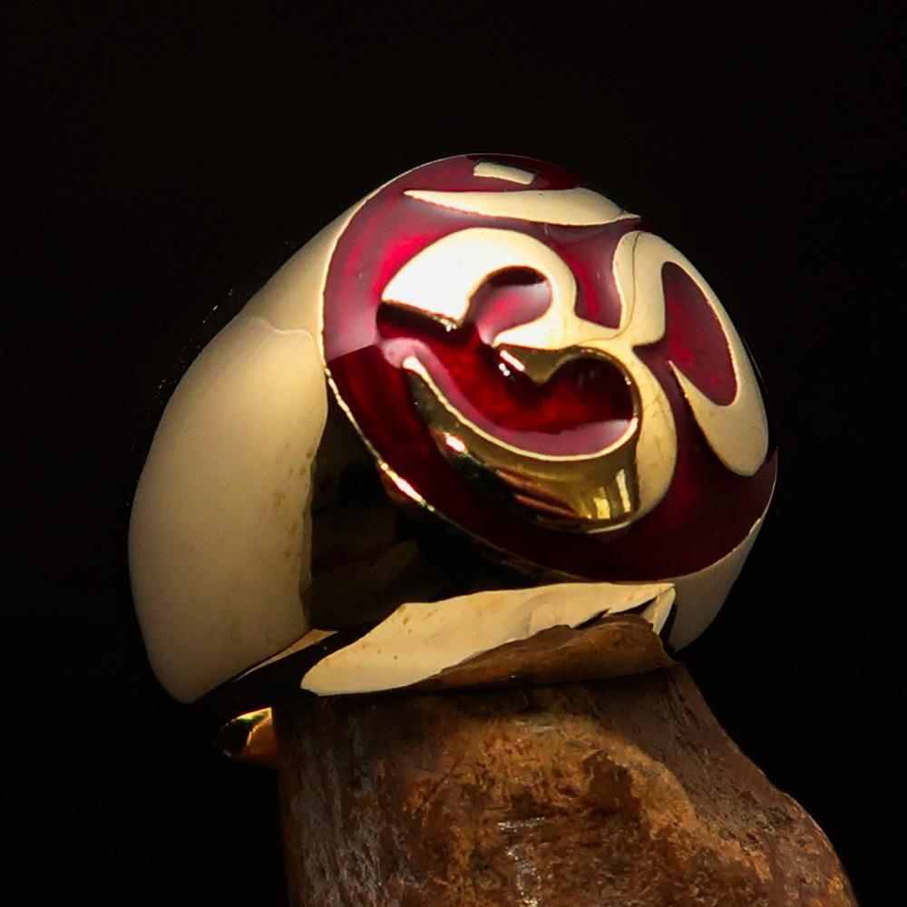 Nicely crafted domed Men's Buddhist Ring Red Aum Symbol - Solid Brass - BikeRing4u
