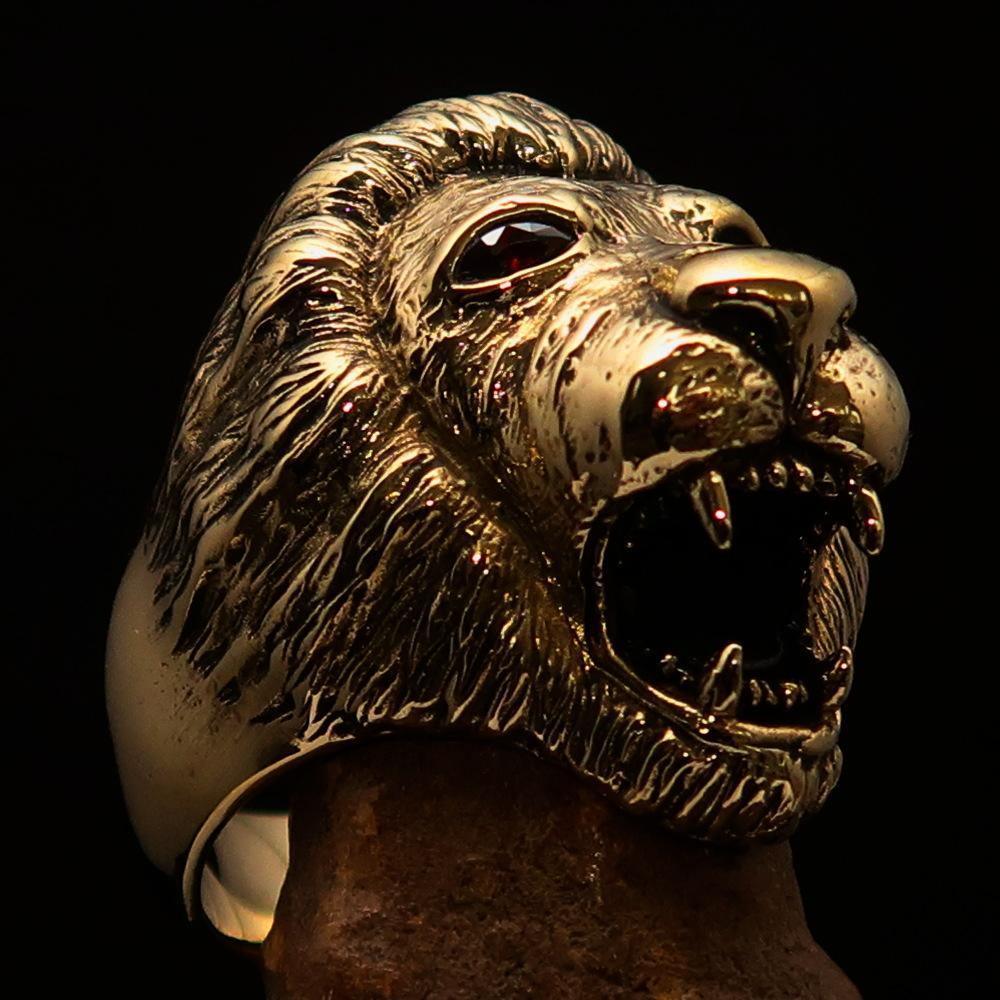 Excellent crafted Men's Animal Ring Male Lion Red CZ Eyes - Solid Brass - BikeRing4u