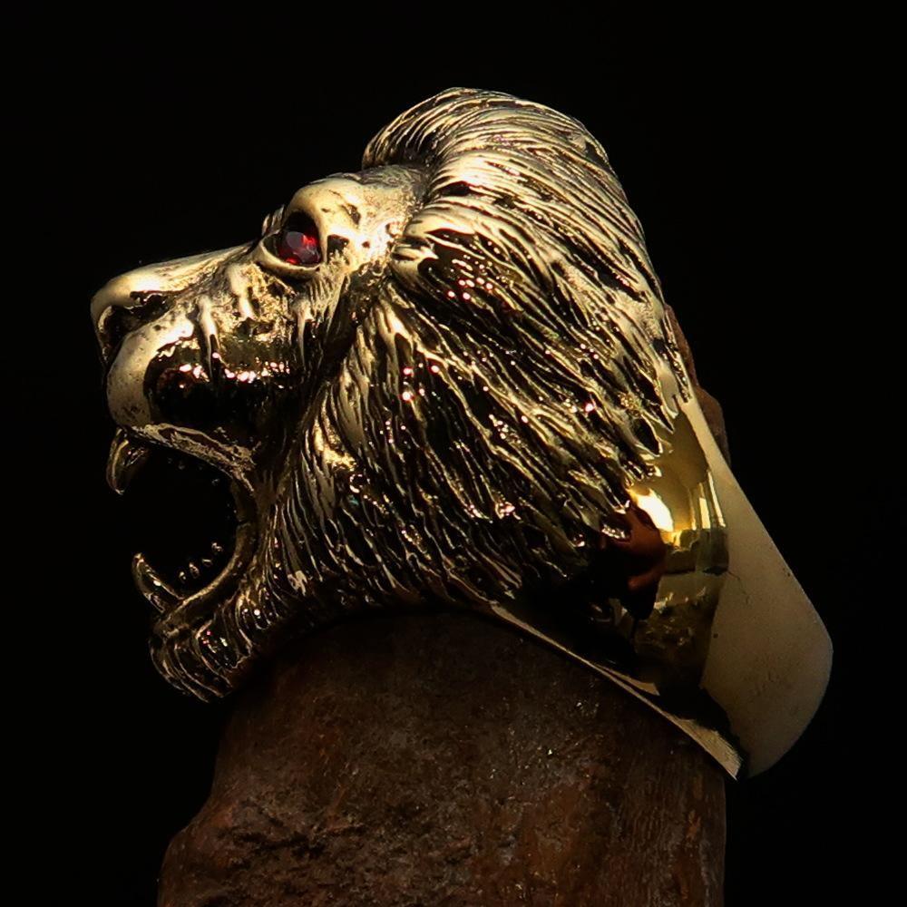 Excellent crafted Men's Animal Ring Male Lion Red CZ Eyes - Solid Brass - BikeRing4u