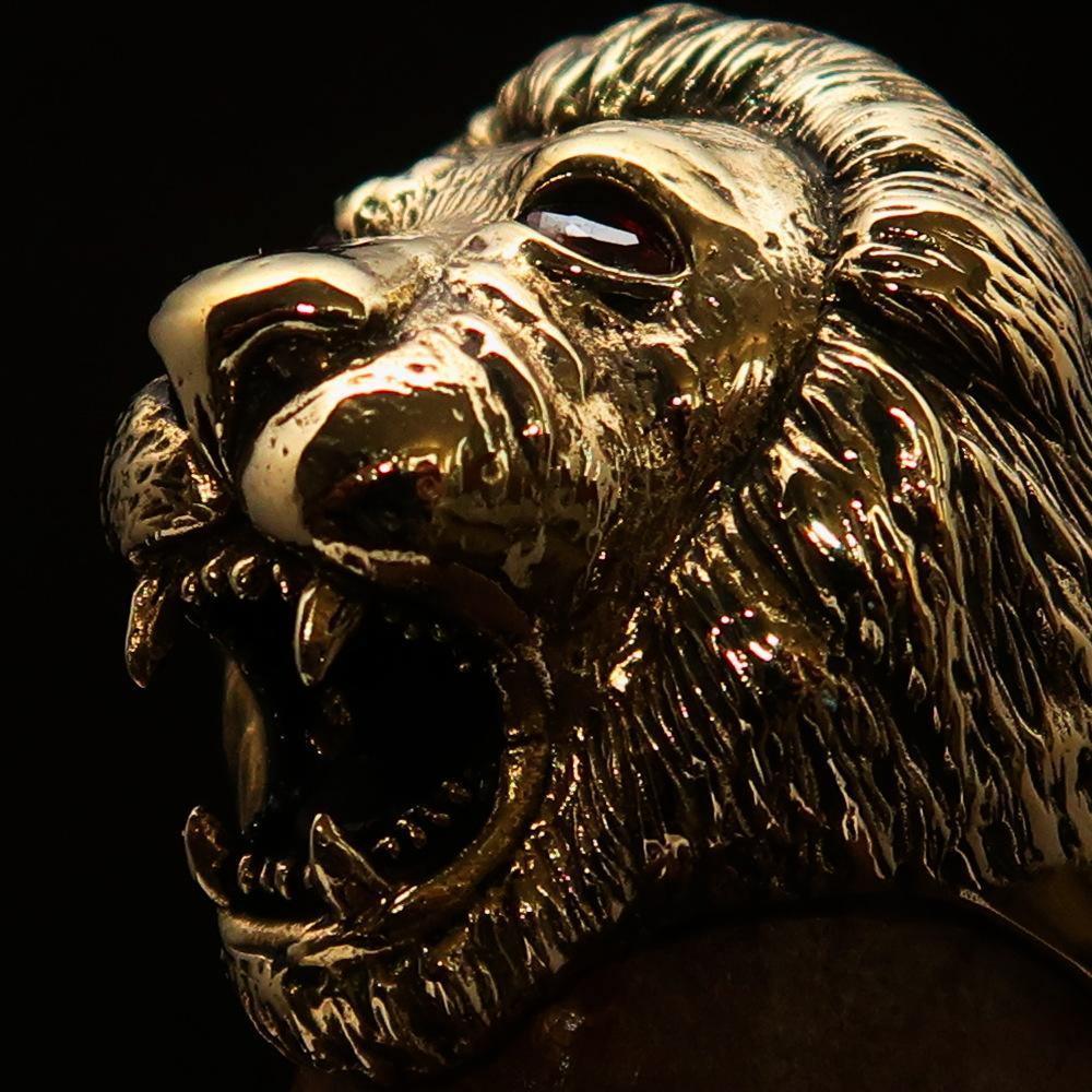 Excellent crafted Men's Animal Ring Male Lion Red CZ Eyes - Solid Brass - BikeRing4u