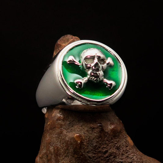 Nicely crafted Men's Pirate Ring green Jolly Roger crossed Bones Skull - Sterling Silver - BikeRing4u