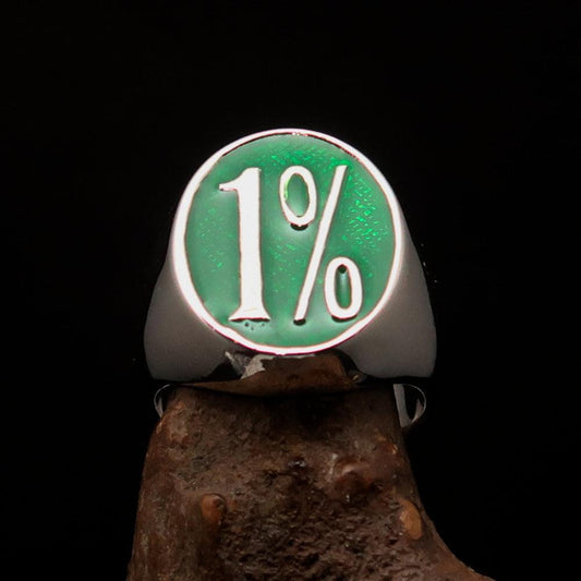 Nicely crafted Men's Outlaw Ring oval green 1% Percent Symbol - Sterling Silver - BikeRing4u