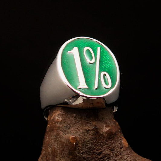 Nicely crafted Men's Outlaw Ring oval green 1% Percent Symbol - Sterling Silver - BikeRing4u