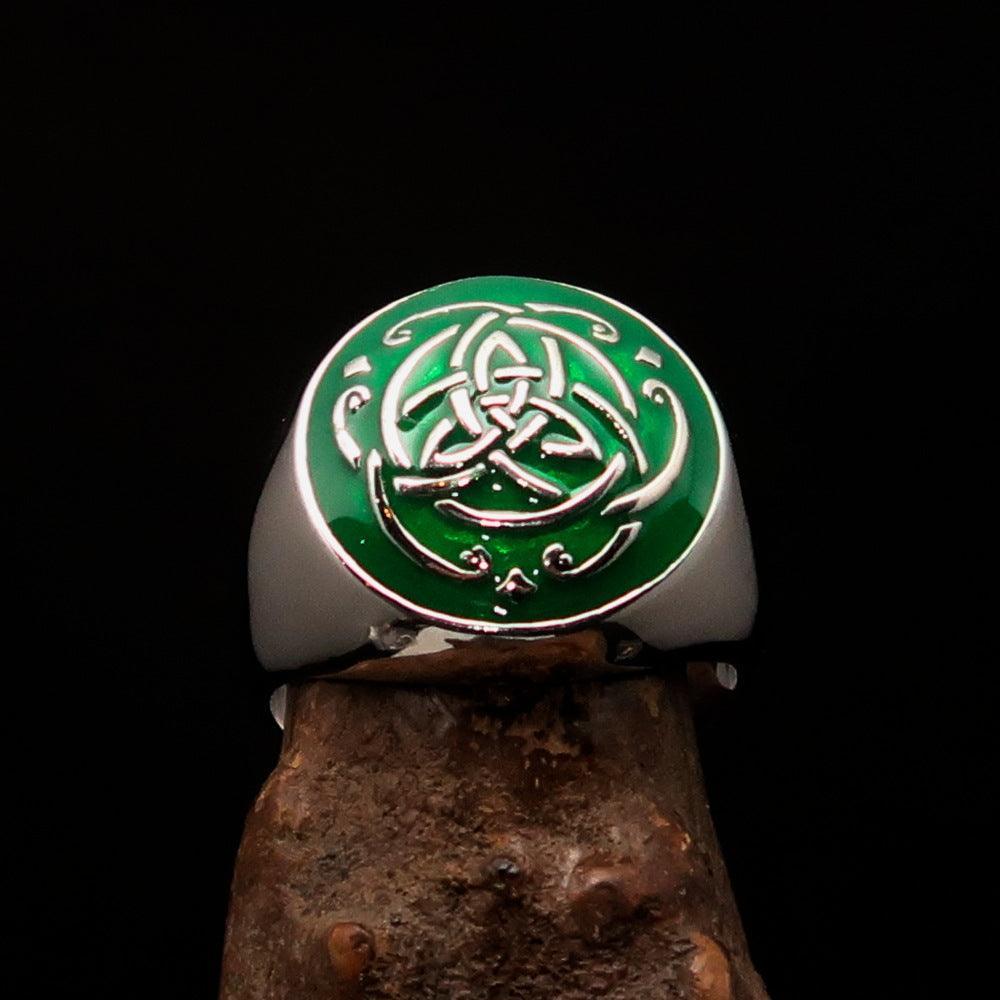 Excellent domed Men's Ring green Celtic Triquetra Knot - Sterling Silver - BikeRing4u