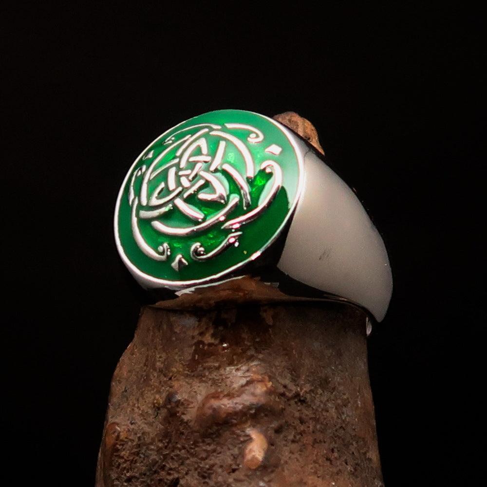 Excellent domed Men's Ring green Celtic Triquetra Knot - Sterling Silver - BikeRing4u