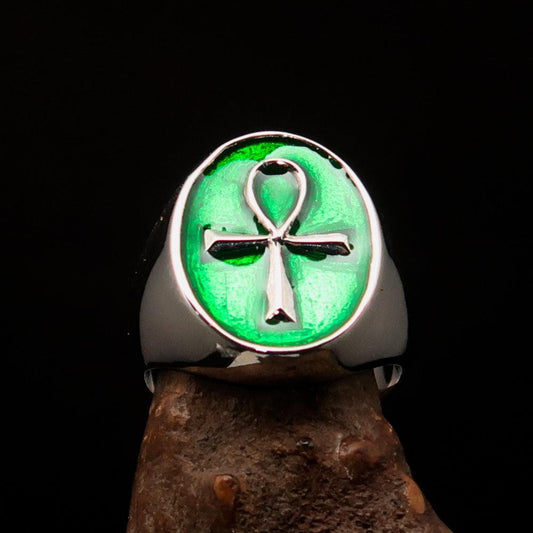Green oval shaped Egyptian Ankh Cross Men's Ring - Sterling Silver - BikeRing4u