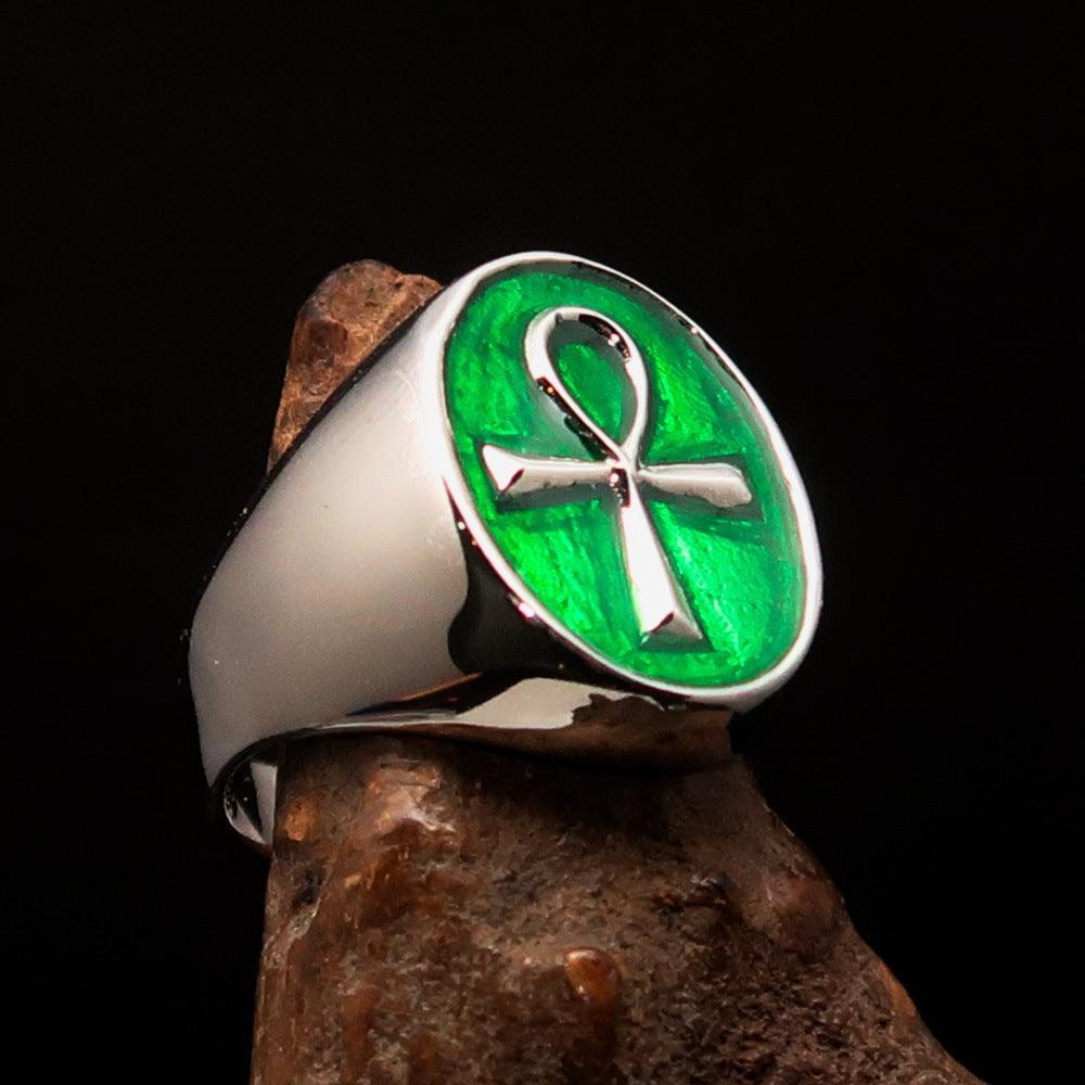 Green oval shaped Egyptian Ankh Cross Men's Ring - Sterling Silver - BikeRing4u