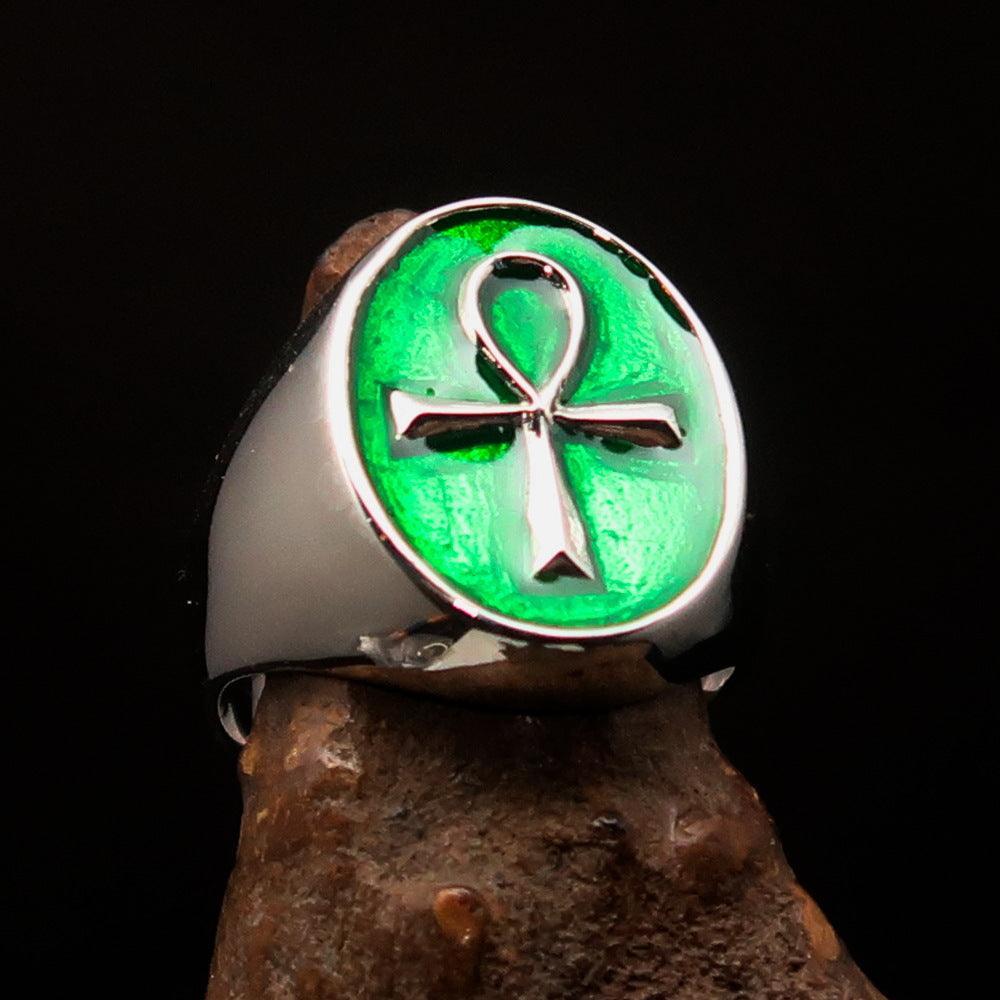 Green oval shaped Egyptian Ankh Cross Men's Ring - Sterling Silver - BikeRing4u