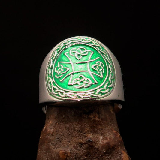 Excellent crafted ancient green Celtic Birgit's Cross Men's Ring - Sterling Silver - BikeRing4u
