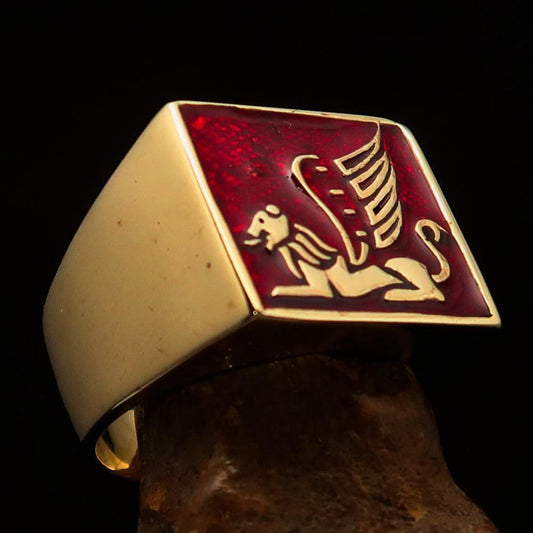 Perfectly crafted Men's Ring winged Lion of Venice Red - Solid Brass - BikeRing4u