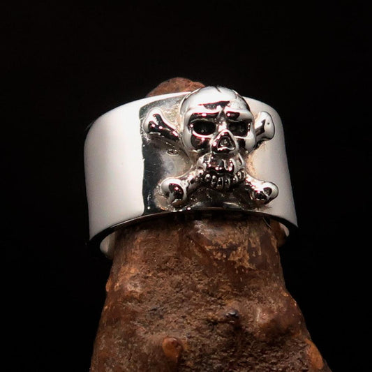 Excellent crafted Men's Pirate Band Ring Jolly Roger Skull - Sterling Silver - BikeRing4u