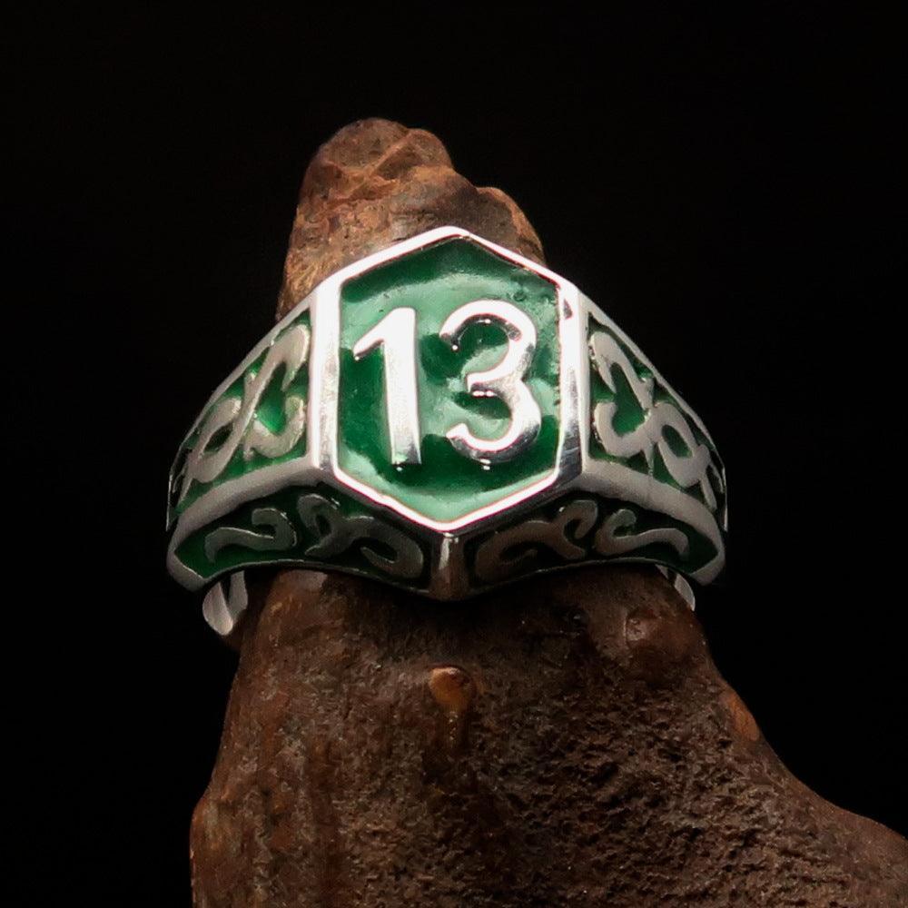 Excellent crafted Men's Biker Ring green lucky Number 13 - Sterling Silver - BikeRing4u