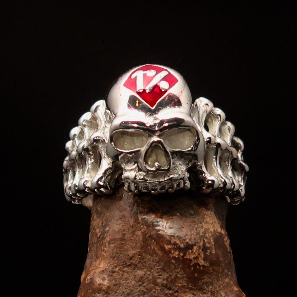 Excellent crafted Men's red 1% Outlaw Biker Skull and Bones Ring - Sterling Silver - BikeRing4u