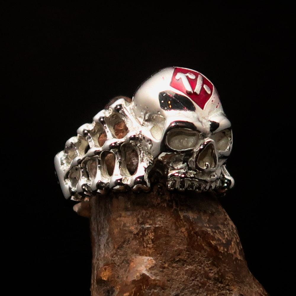 Excellent crafted Men's red 1% Outlaw Biker Skull and Bones Ring - Sterling Silver - BikeRing4u