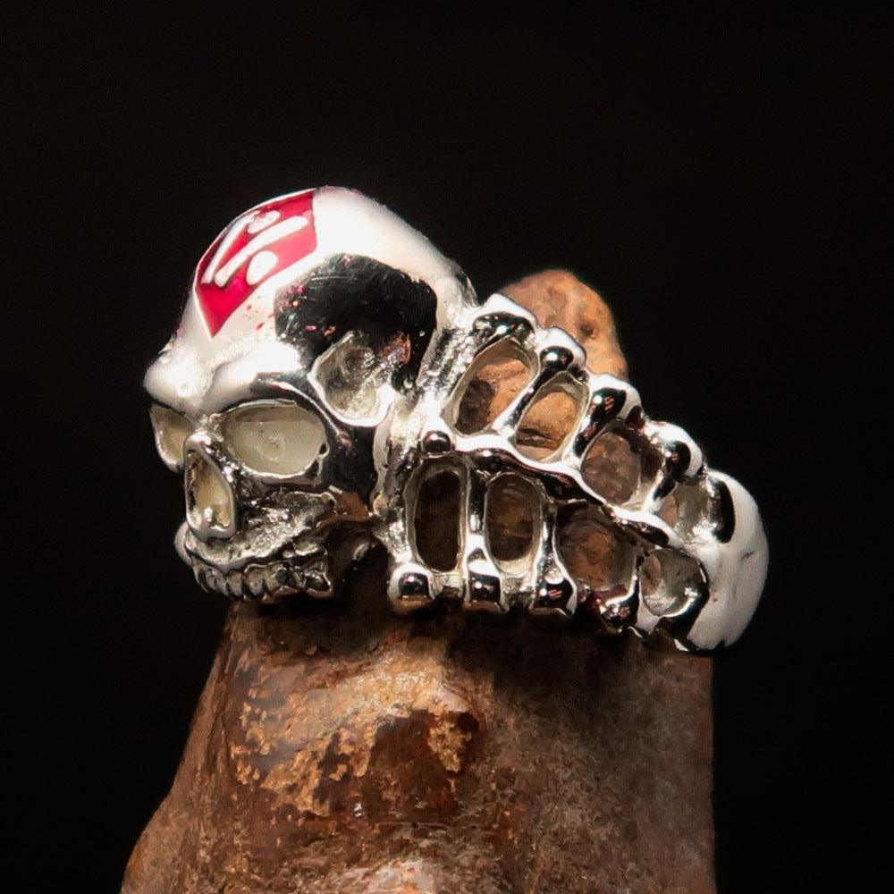 Excellent crafted Men's red 1% Outlaw Biker Skull and Bones Ring - Sterling Silver - BikeRing4u