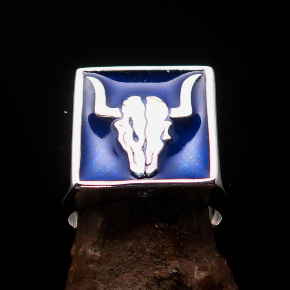 Perfectly crafted Men's Cowboy Ring blue Bull Skull - Sterling Silver - BikeRing4u