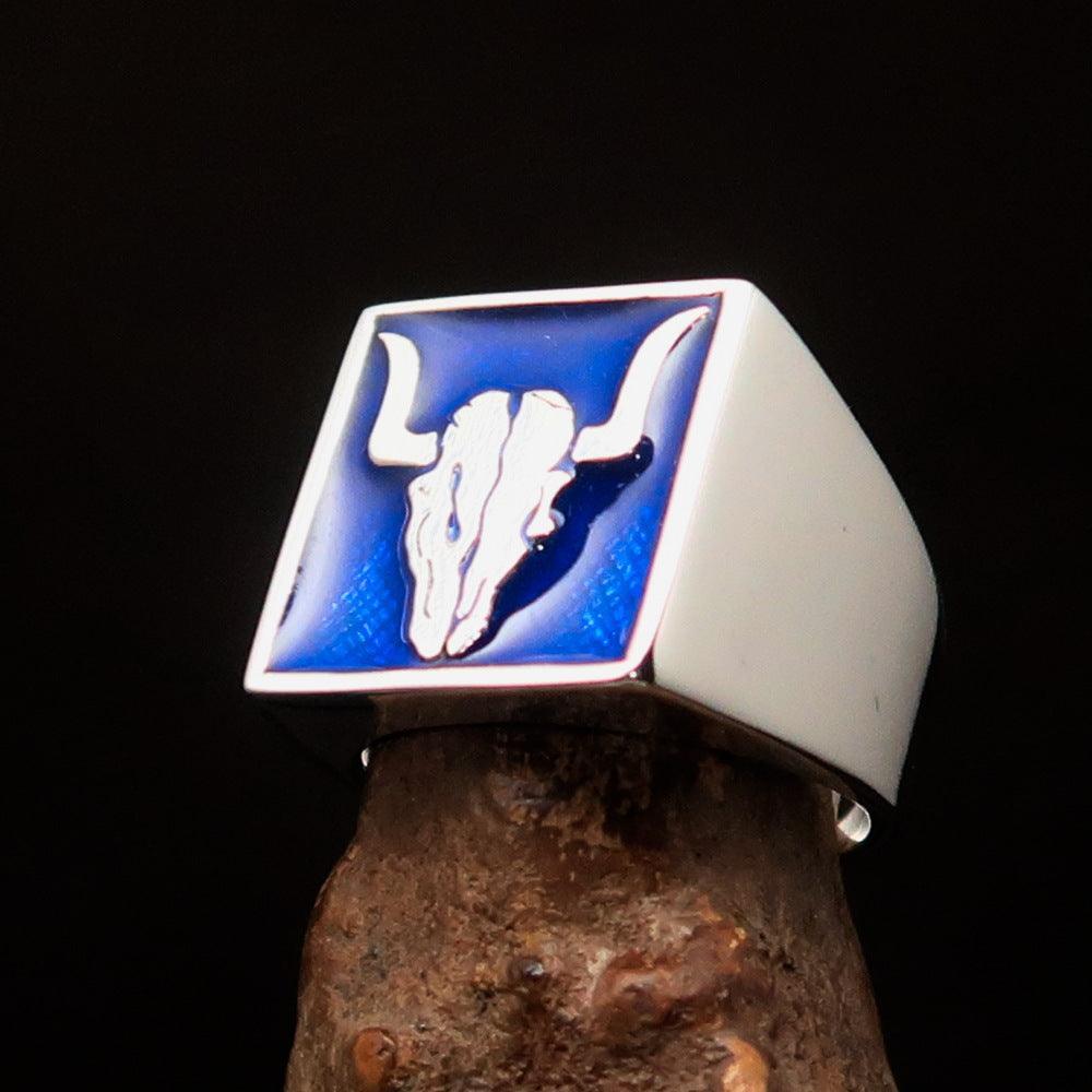Perfectly crafted Men's Cowboy Ring blue Bull Skull - Sterling Silver - BikeRing4u