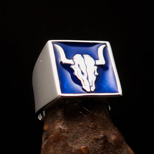 Perfectly crafted Men's Cowboy Ring blue Bull Skull - Sterling Silver - BikeRing4u
