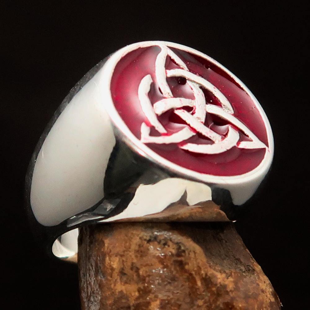 Nicely crafted Men's Triquetra Ring Celtic Triskelion Knot Red - Sterling Silver - BikeRing4u