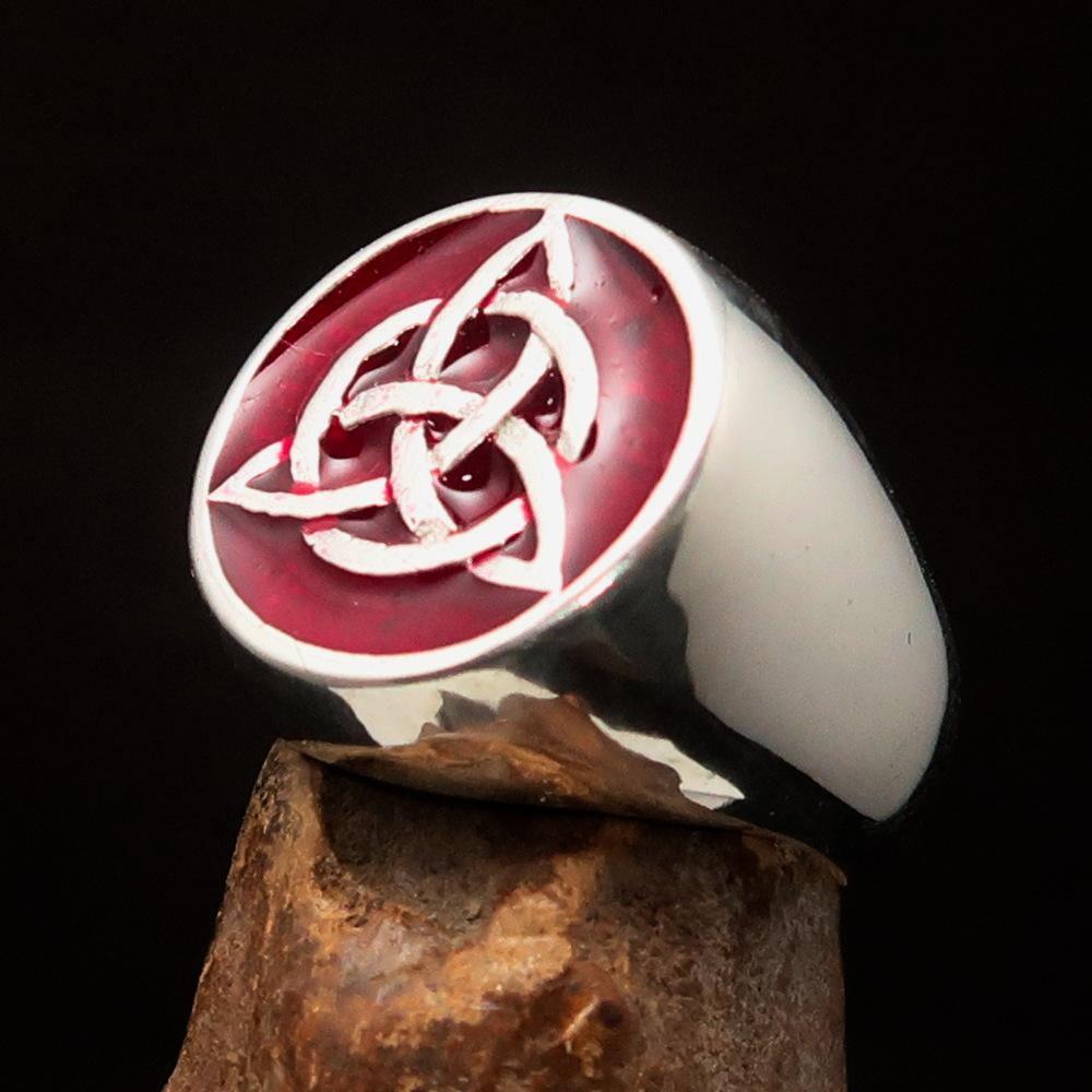 Nicely crafted Men's Triquetra Ring Celtic Triskelion Knot Red - Sterling Silver - BikeRing4u